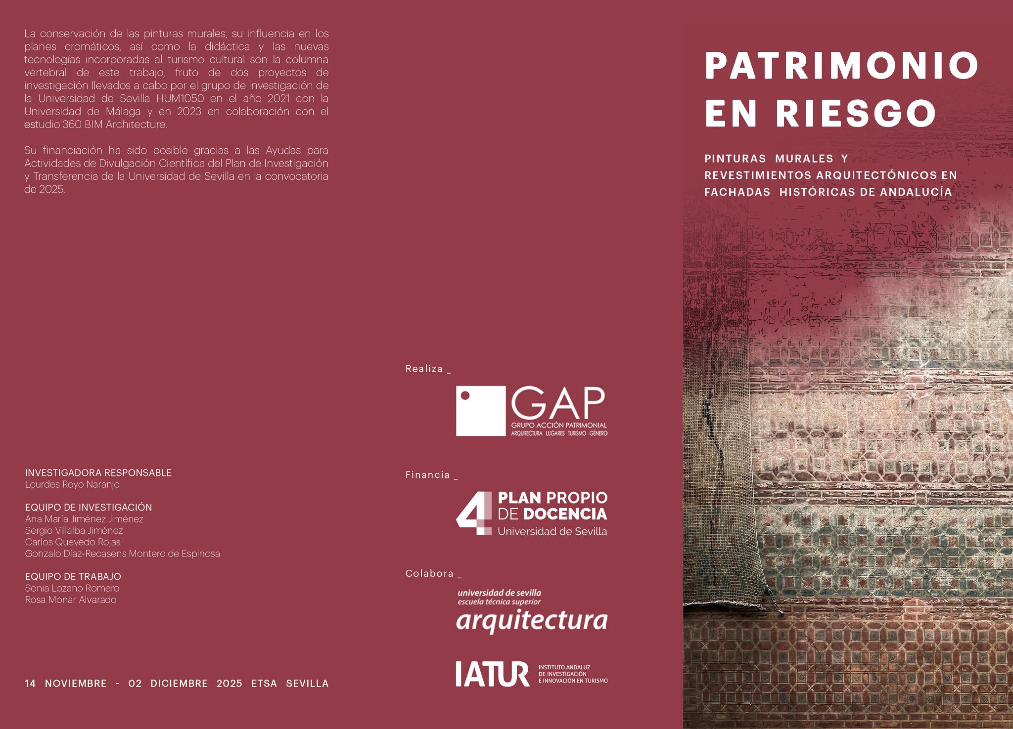 Imagen del Evento Exposición Patrimonio en Riesgo: Pinturas murales y revestimientos históricos en fachadas históricas en Andalucía.